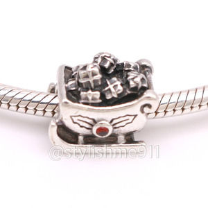 Authentic PANDORA Sterling Silver Santa's Sleigh Charm with Red Garnet